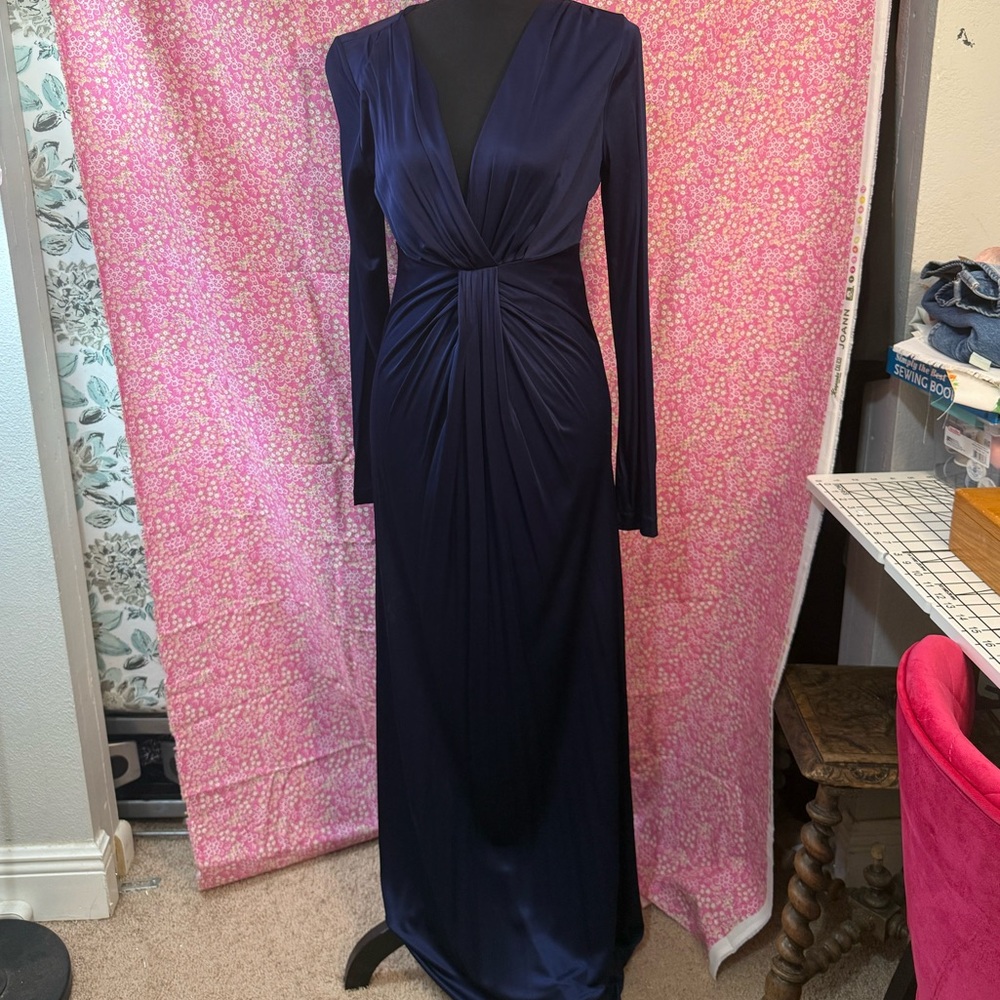 Diane Von Furstenberg Blue Plunge Long Sleeve Gown